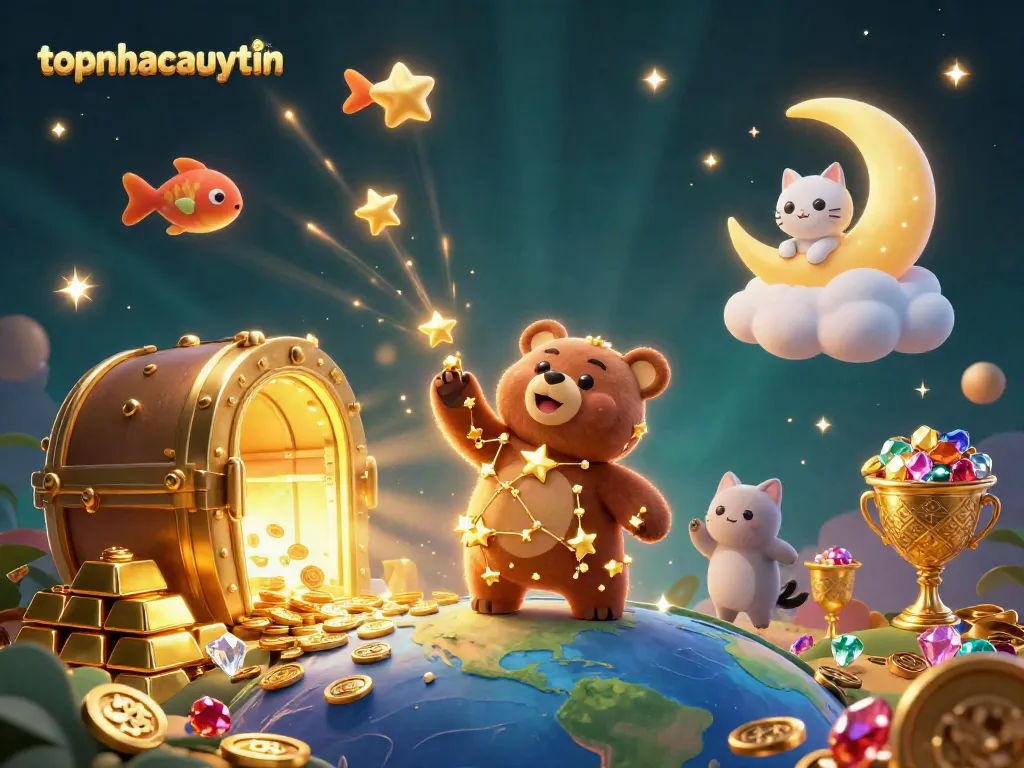 Scoop up coins with topnhacaiuytin's vibrant 3D casino illustration featuring a constellation bear and treasures.