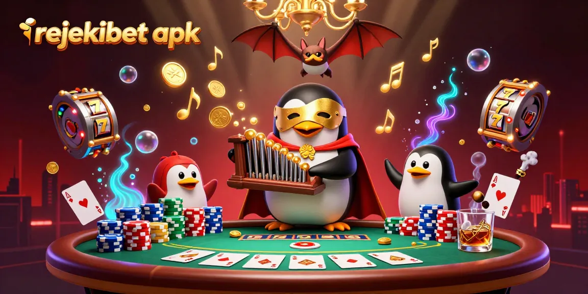 Experience thrilling gameplay with rejekibet apk featuring a golden-organ playing penguin amidst dynamic casino elements.