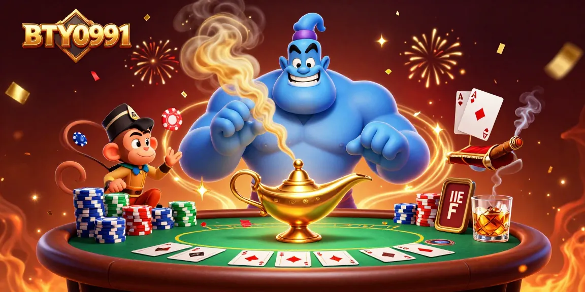 Engage with BTY0991 through alluring casino-themed art showcasing a captivating Genie and poker elements.