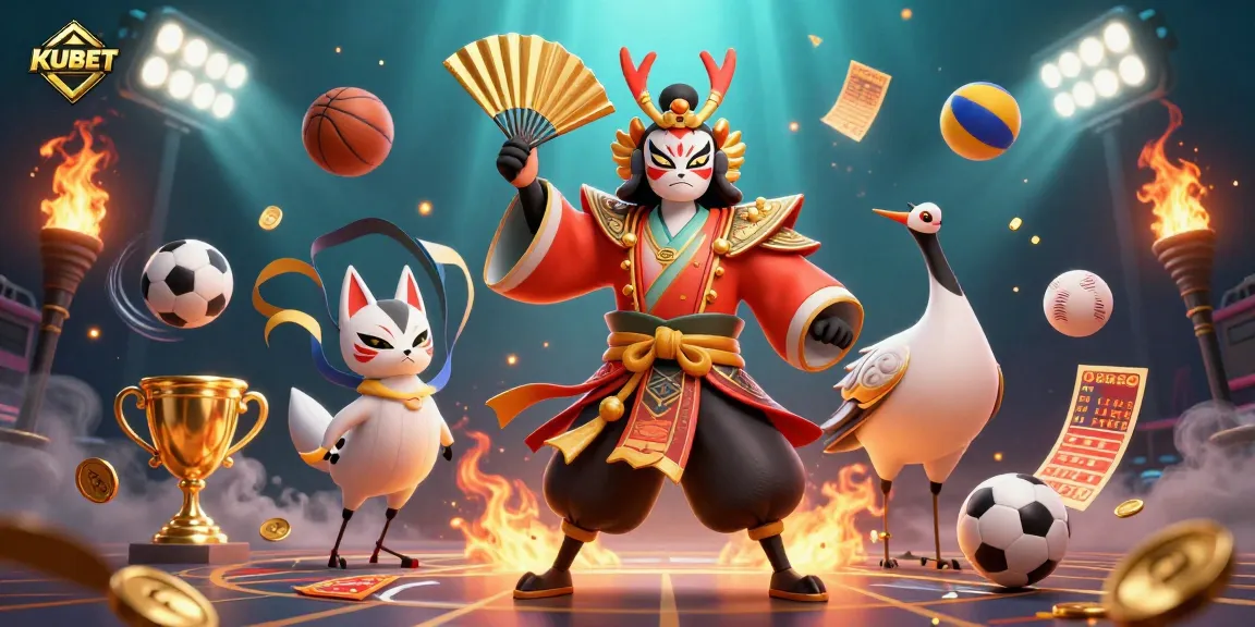 KUBET showcases a lively 3D casino scene with a kabuki warrior and sports elements for gamblers