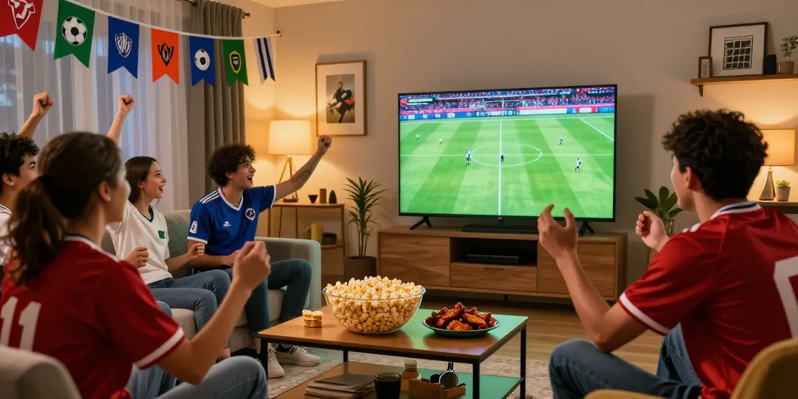 Friends watching a live football game together, ضغط هنا للمشاهدة for the best experience.