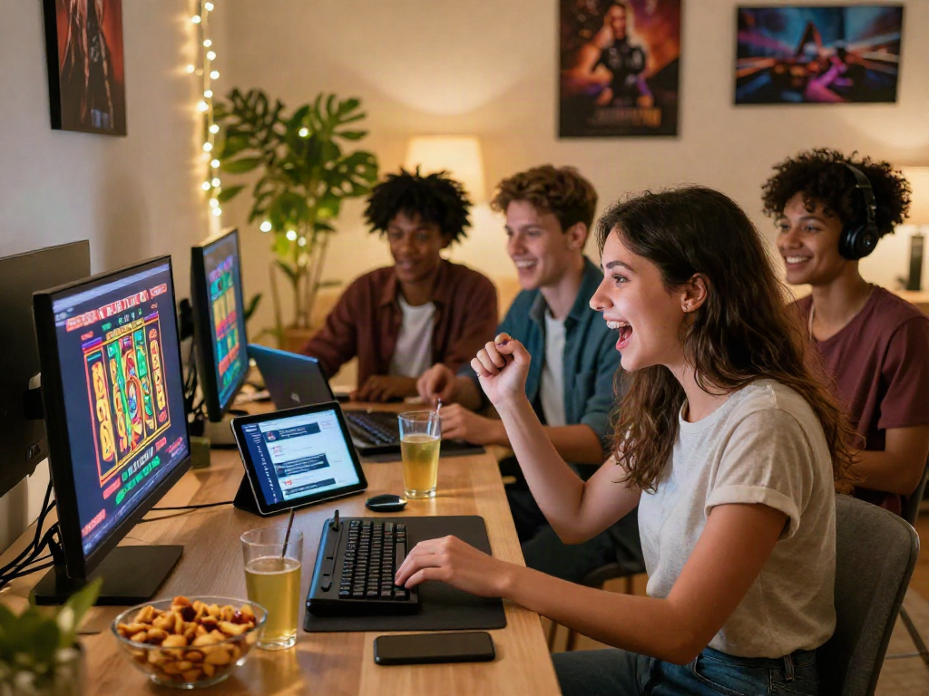 Friends enjoying slot online games together in a vibrant living room.