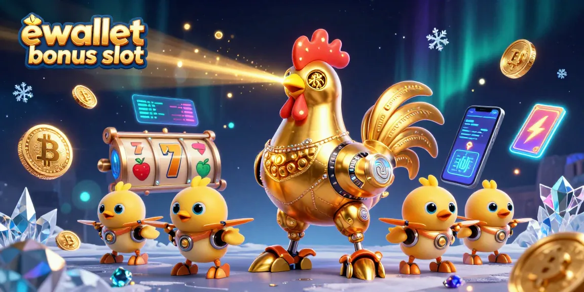 Engage with the vibrant ewallet bonus slot scene featuring a golden rooster robot amidst colorful slot reels.