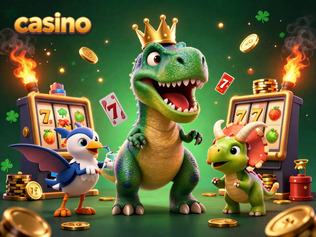 Engage with exciting casino elements as a T-Rex shuffles cards, bringing fun to gameplay.