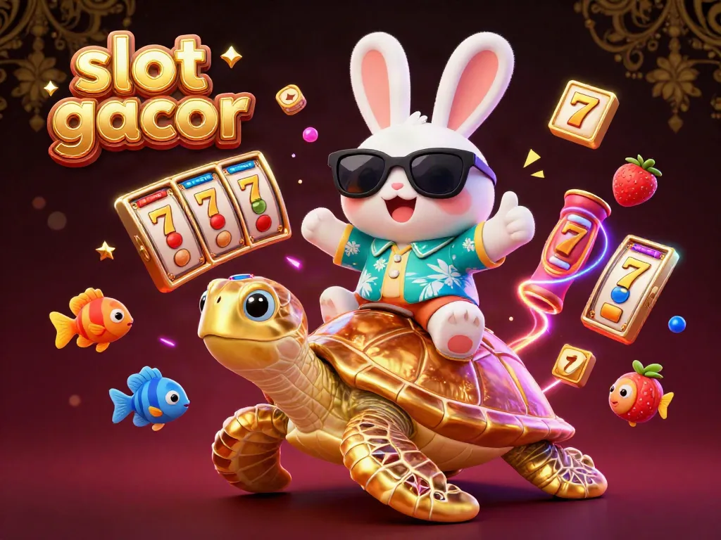 Discover vibrant "slot gacor" gameplay with a lucky rabbit and golden turtle in a lively casino scene.