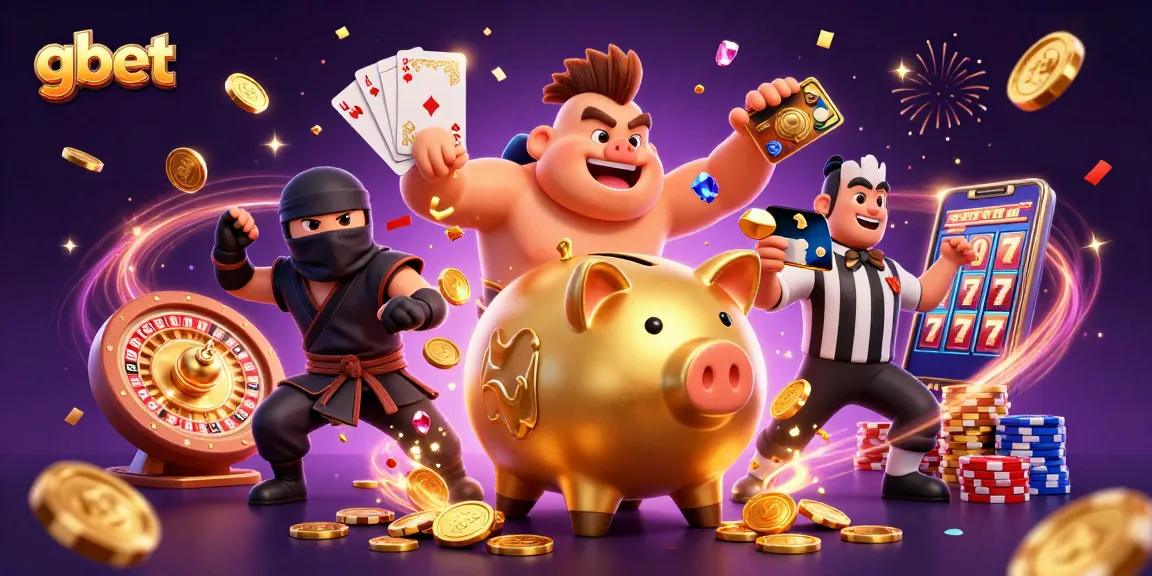 gbet players enjoy exciting gameplay with a golden piggy bank, wallet ninja, and credit card samurai in vibrant casino scene