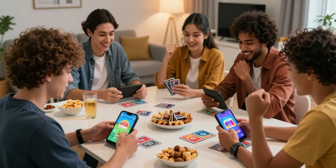 Gather friends to play rummy online, enjoying a lively gaming session with mobile devices and snacks.