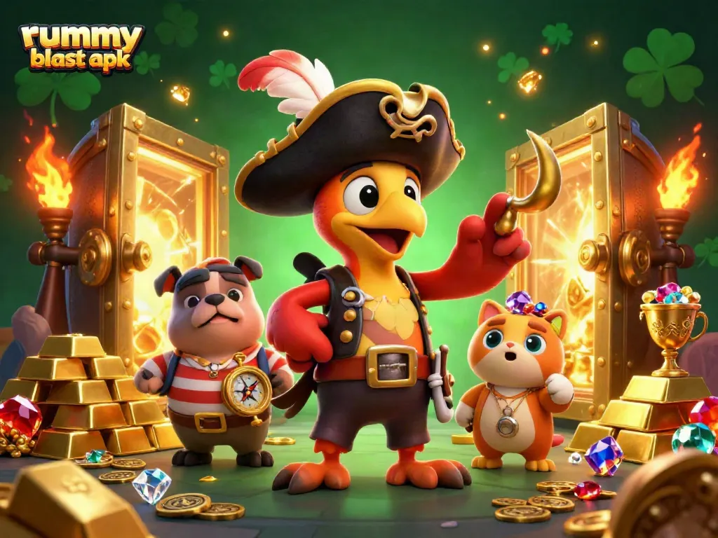 Experience thrilling gameplay with Rummy Blast APK featuring unique characters amidst treasure elements.