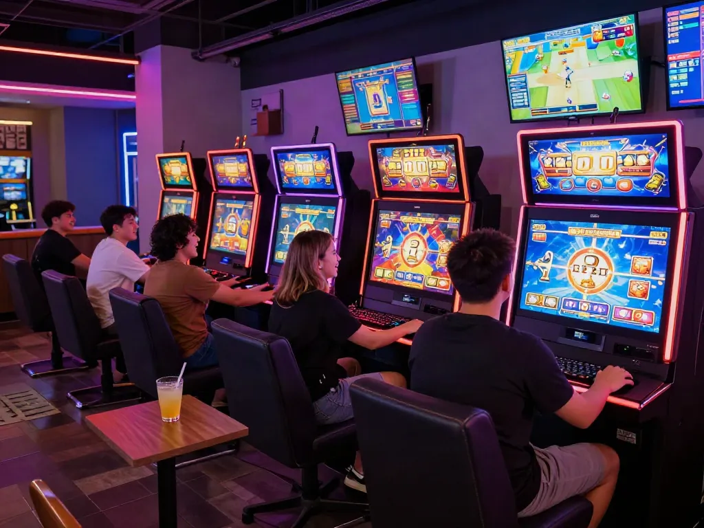 Engaged players enjoying luxury12 gaming slots in vibrant lounge atmosphere.