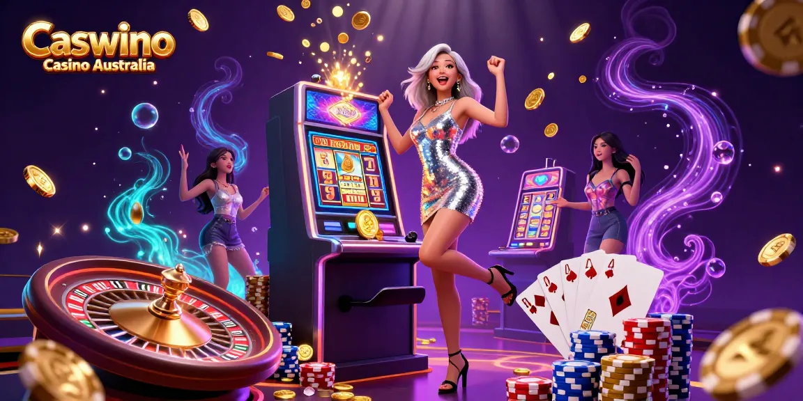 Experience exhilarating gameplay at Caswino Casino Australia with jackpot slots, vibrant casino lights, and dynamic gaming elements.