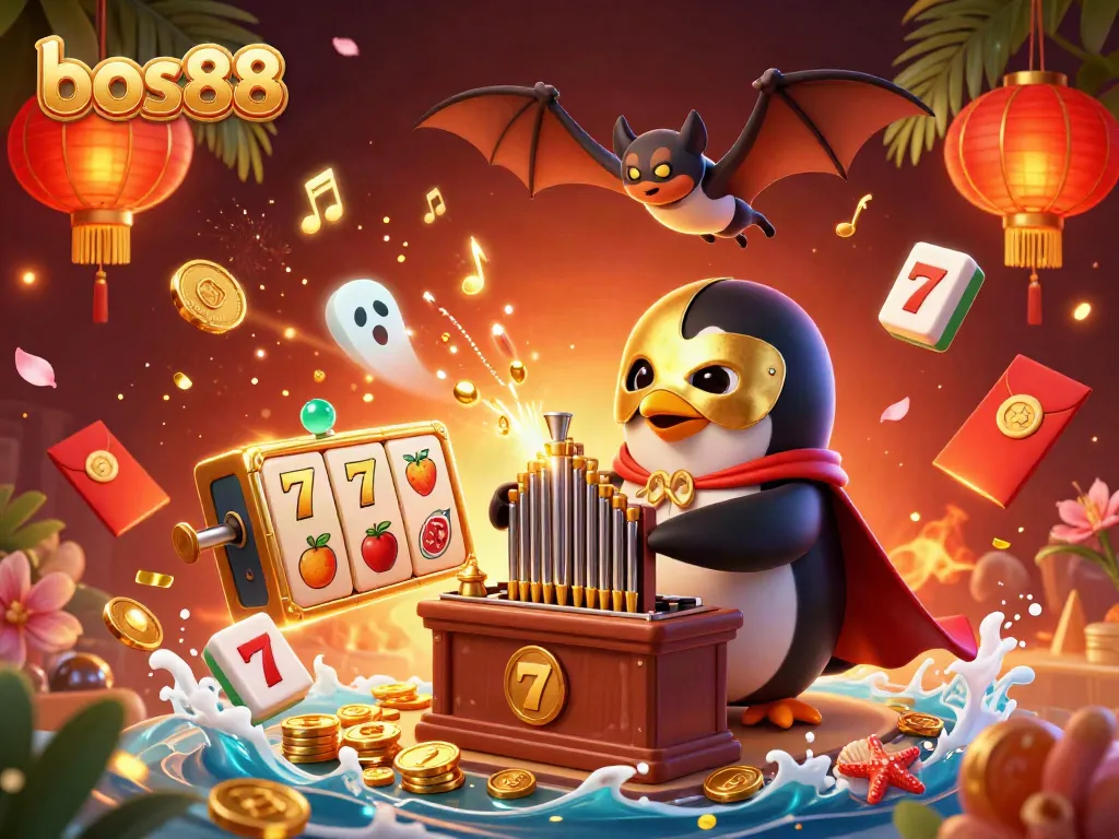 Engage with bos88 as the penguin plays organ, showering coins in a vibrant casino scene.