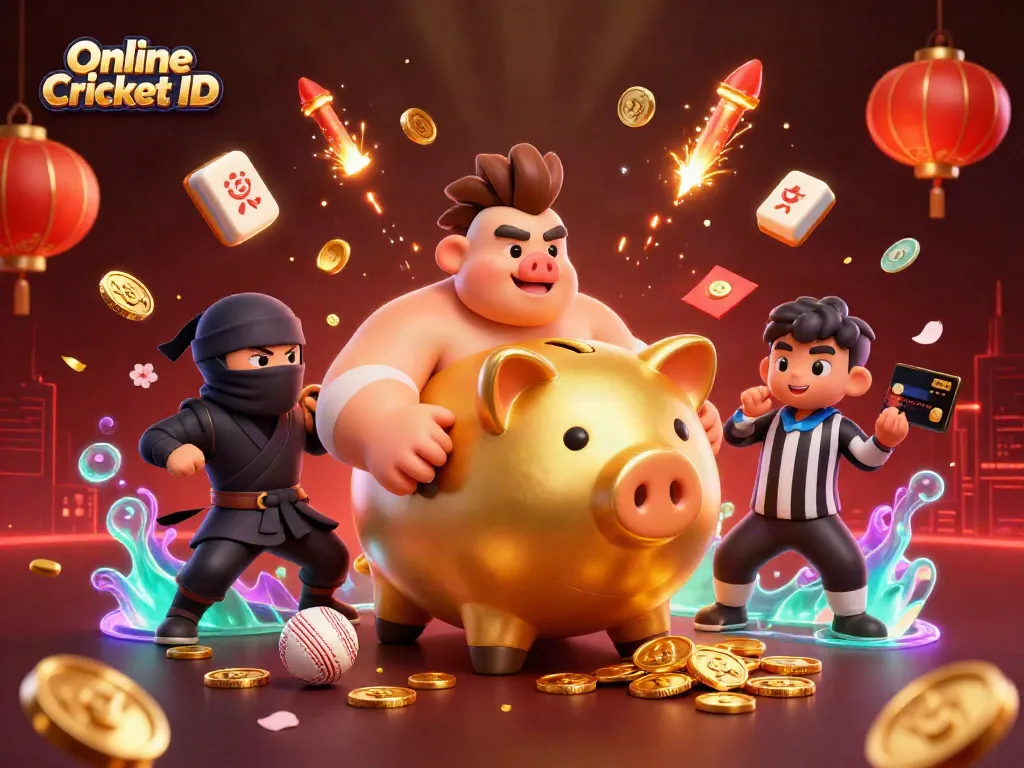 Engage with Online Cricket ID through an exciting 3D scene featuring a dynamic piggy bank sumo wrestler and sports betting elements.