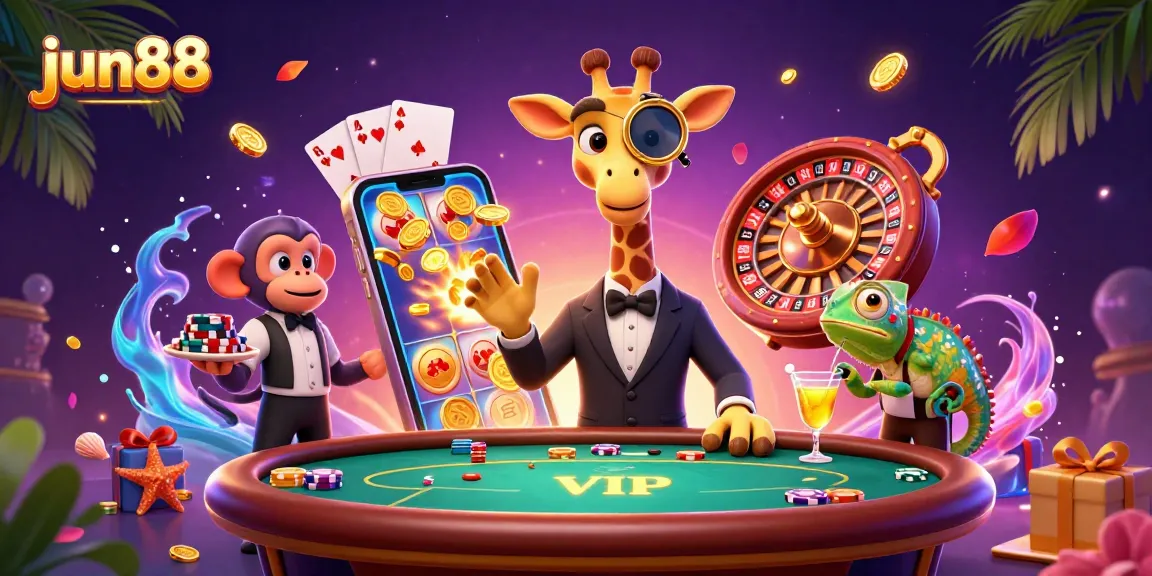 Experience interactive gambling excitement with jun88's vibrant casino scene featuring a high-roller giraffe and dynamic game elements.