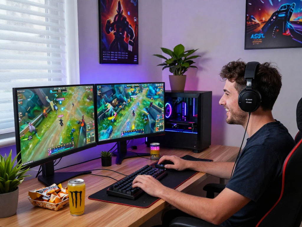 Vibrant gaming setup showcasing mpocash.blog features with colorful monitors and accessories for an immersive experience.