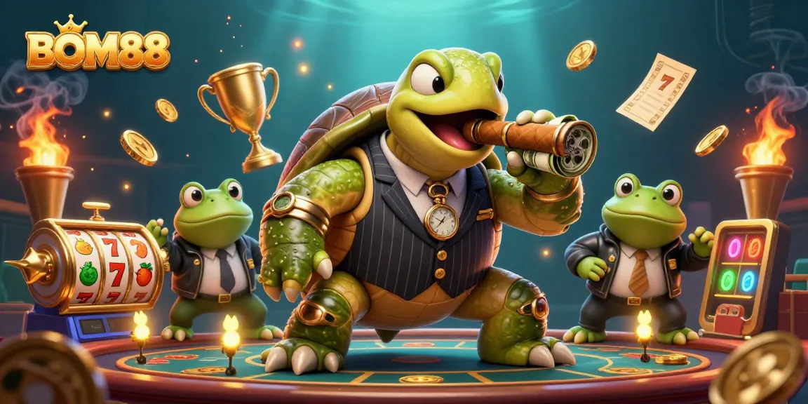 BOM88 showstoppers in a casino setting, featuring a snapping turtle and bullfrogs amidst vibrant gambling elements.