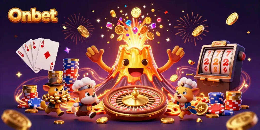Experience the thrill of gaming at Onbet with a vibrant 3D illustration of golden treasures and thrilling casino elements.