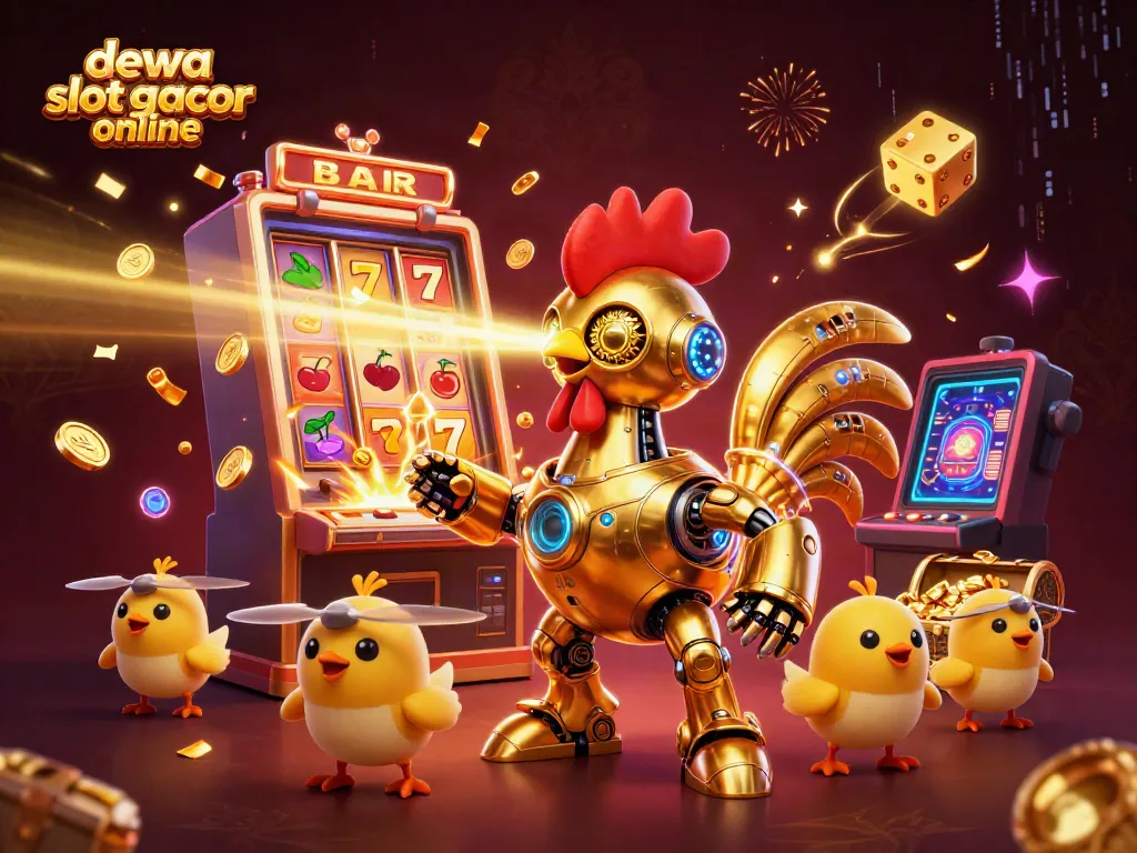 Slot gacor online dengan karakter robot ayam dan simbol keberuntungan di tengah jackpot