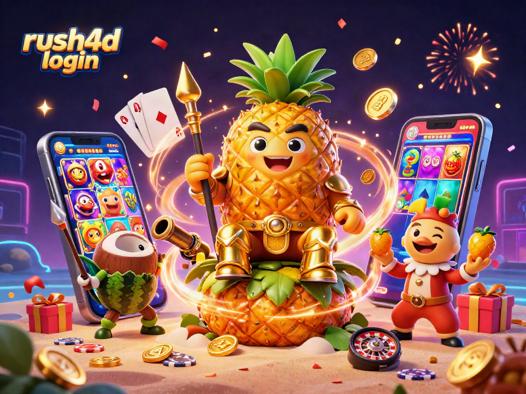 Gambarkan suasana bermain dengan rush4d login di casino, raja nanas dan pengawal di pantai.