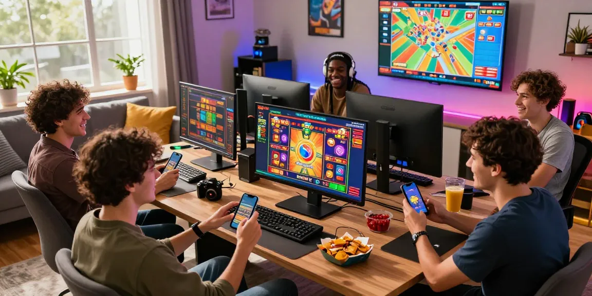 Engaged friends enjoying online slots, making deposit tanpa minimal in a vibrant gaming room.