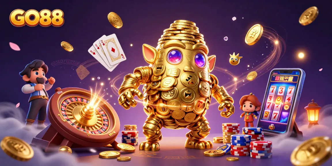 Experience the thrill of GO88 with a dynamic scene of a golden golem and casino elements.