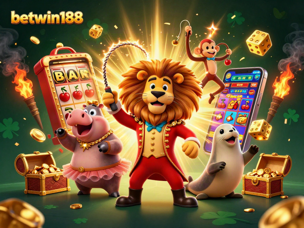 Betwin188 features an engaging 3D casino illustration showcasing lively characters and game symbols.