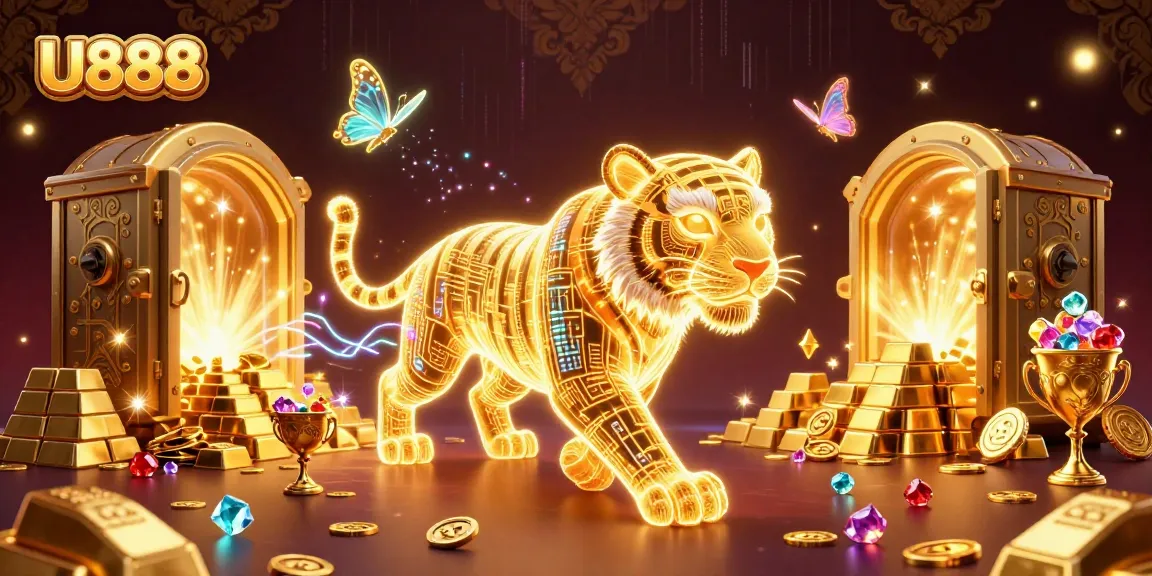 Experience thrilling gameplay at U888 with this vibrant 3D casino scene featuring digital elements and golden treasures.