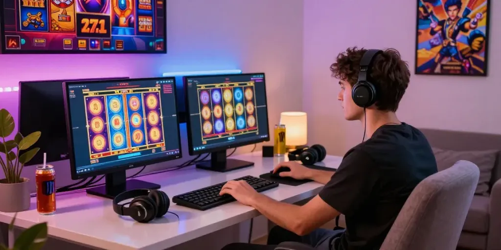 Player engaged in online slot games at a modern gaming setup with colorful screen graphics and energetic atmosphere.