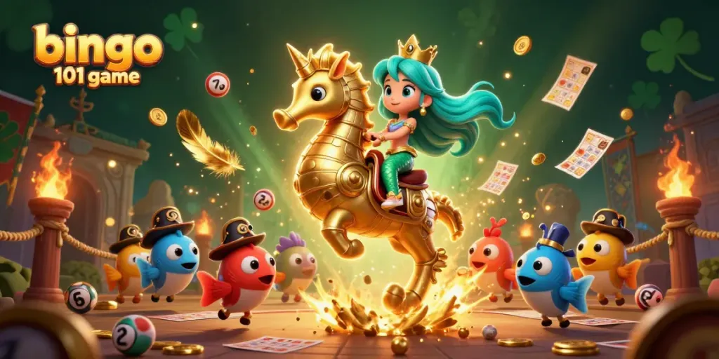 Experience the bingo 101 game with vibrant characters and dynamic elements amid golden coins and bingo cards.