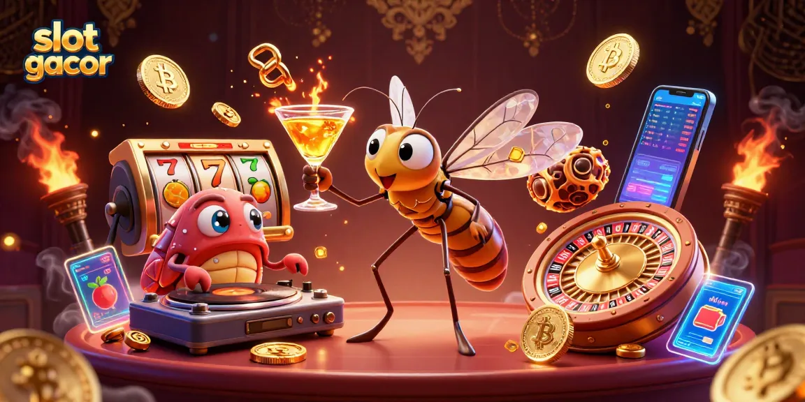 Slot gacor dengan simbol buah dan jackpot menyatu dalam ilustrasi kasino 3D yang cerah.