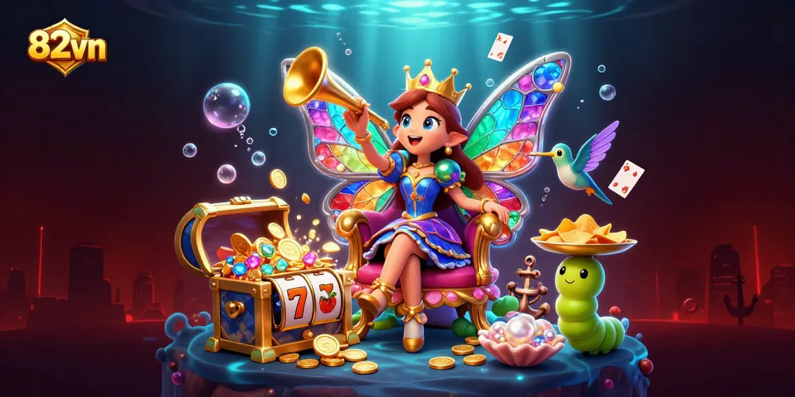 Engage with the vibrant 82vn gaming world, featuring a butterfly queen and slot elements in a rich scene.