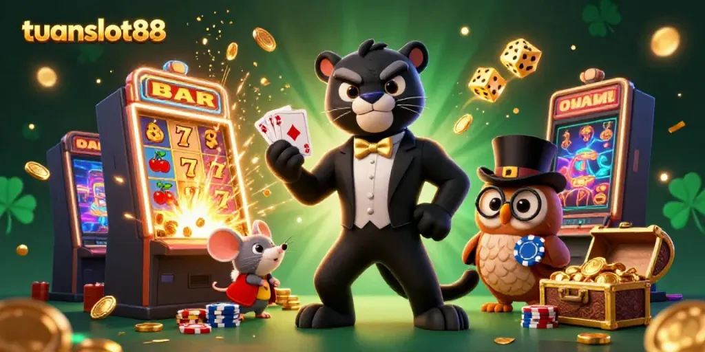 Gambarkan tuanslot88 dengan panther, burung hantu, dan tikus kecil di kasino, penuh keceriaan.