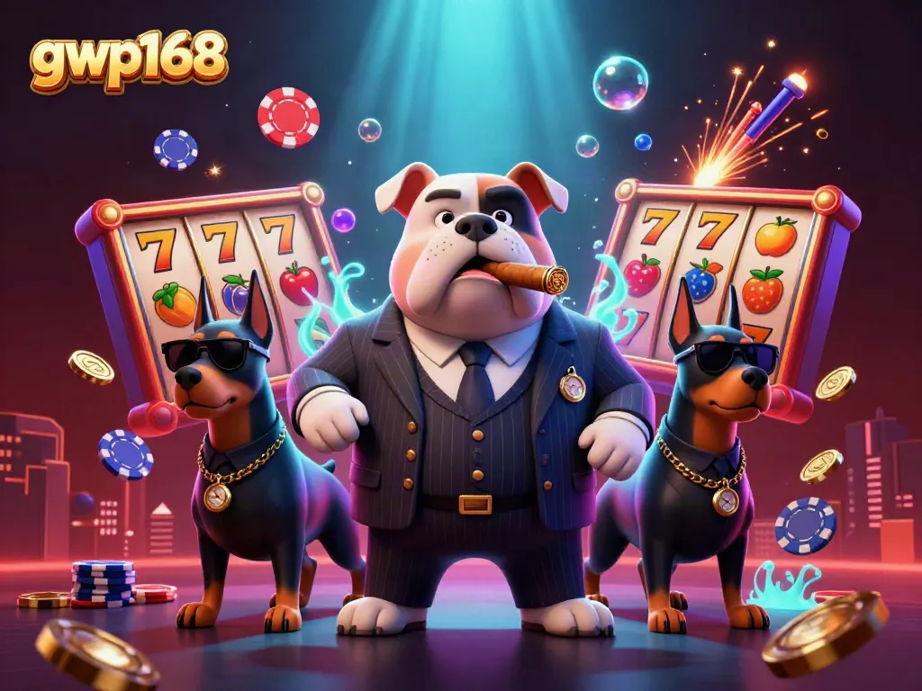 GWP168, kasino online dengan suasana meriah, menampilkan karakter anjing bulldog dan Doberman dalam aksi.