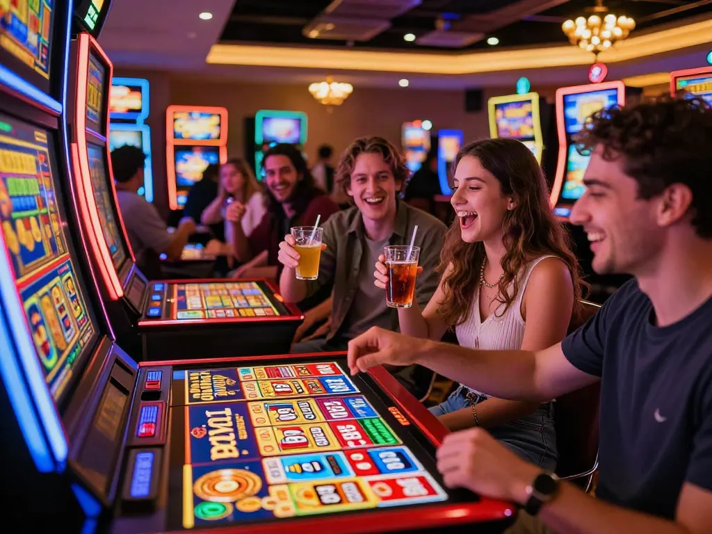 Lucky777 jackpot celebration scene with friends in a vibrant casino.