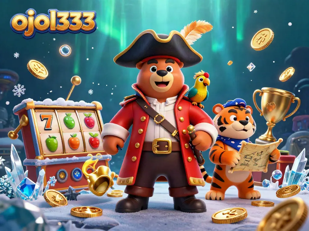 Spin and win with ojol333 in vibrant casino-themed 3D illustration featuring animated slot reels and pirate characters.