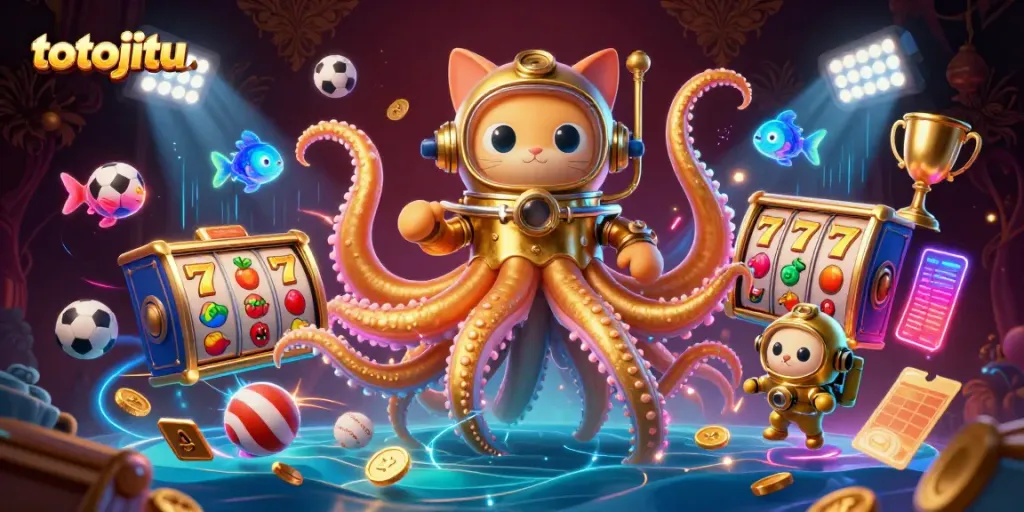 Experience totojitu's thrilling gameplay with a vibrant kraken and diving cat in an exciting casino scene.