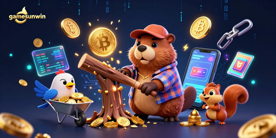Experience thrilling wins at gamesunwin with 3D beaver and companions in a vibrant casino scene.