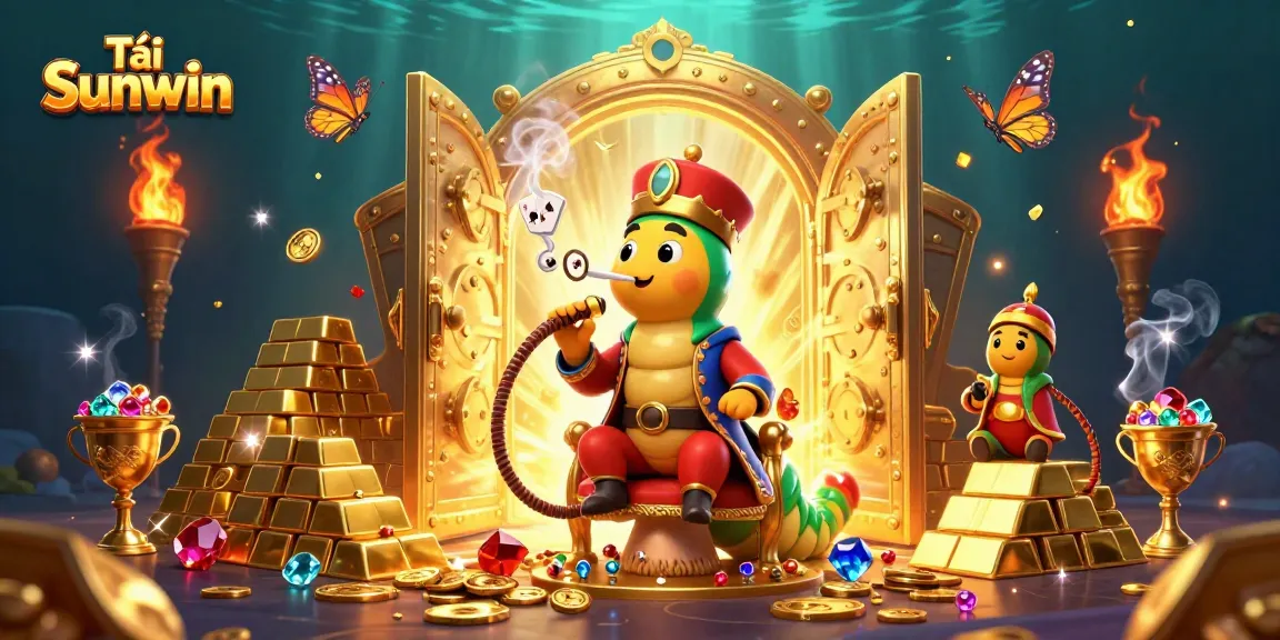 Tải Sunwin for online games with vibrant casino-themed illustration, featuring golden treasures and game elements.