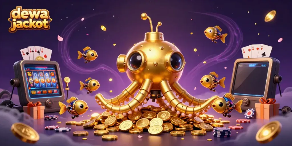 Permainan slot dewa jackpot dengan uang emas dan elemen permainan mengelilingi karakter utama.