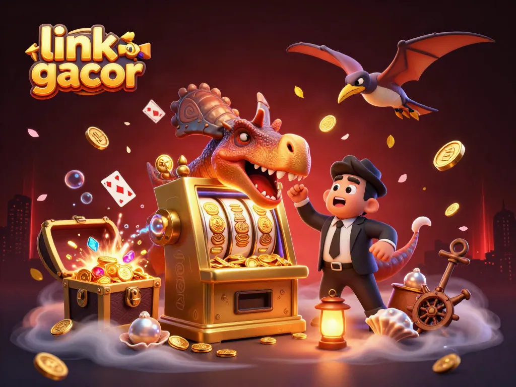 Momen menarik saat link slot gacor mengeluarkan koin jackpot dari mesin slot dengan karakter dino yang lucu.