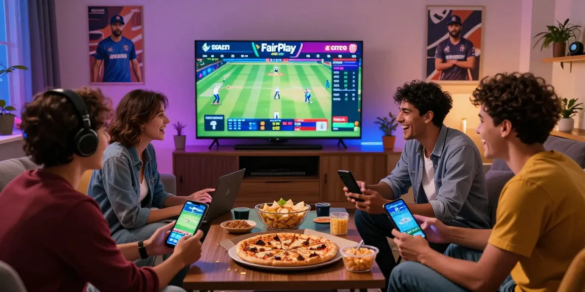 Friends enjoying the FairPlay app for cricket betting, filled with excitement and camaraderie in a lively indoor setting.