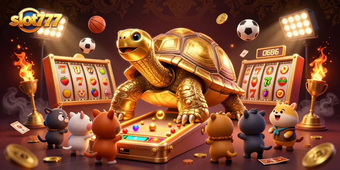 Mencoba slot777 dengan karakter utama kura-kura emas yang menjadi mesin pinball dan suasana ceria di kasino.