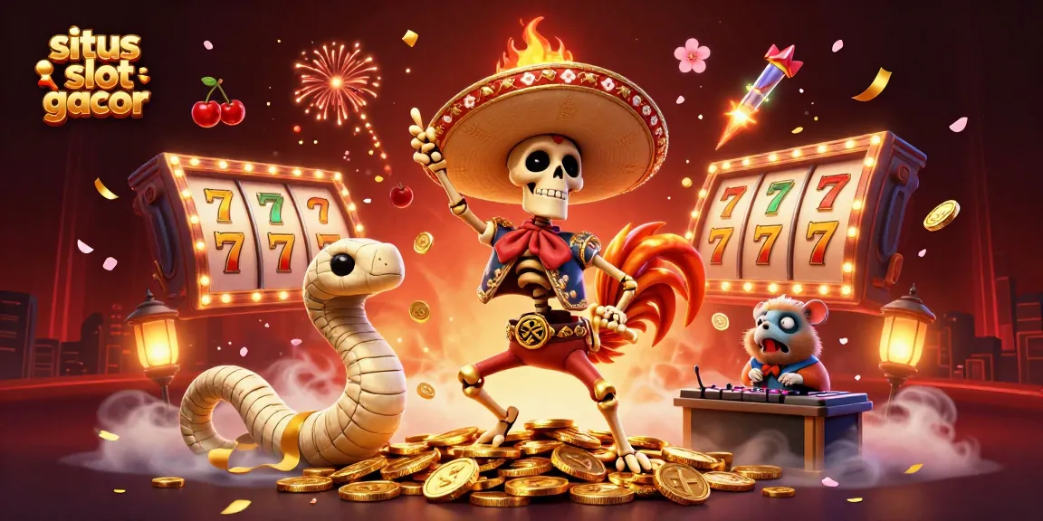 Situs slot gacor showcases a festive scene with a dancing skeleton mariachi rooster and spinning slot reels among vibrant game elements.