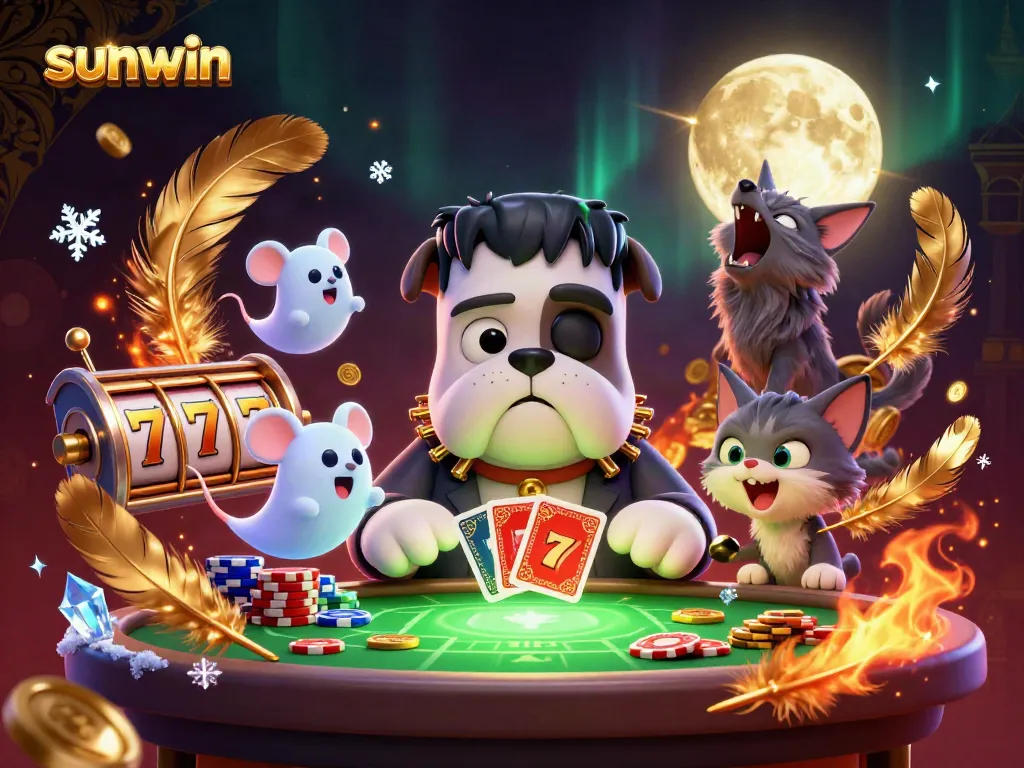 Play thrilling games like slots at sunwin with a Frankenstein bulldog dealer, ghost mouse, and werewolf kitten in a spooky casino setting.