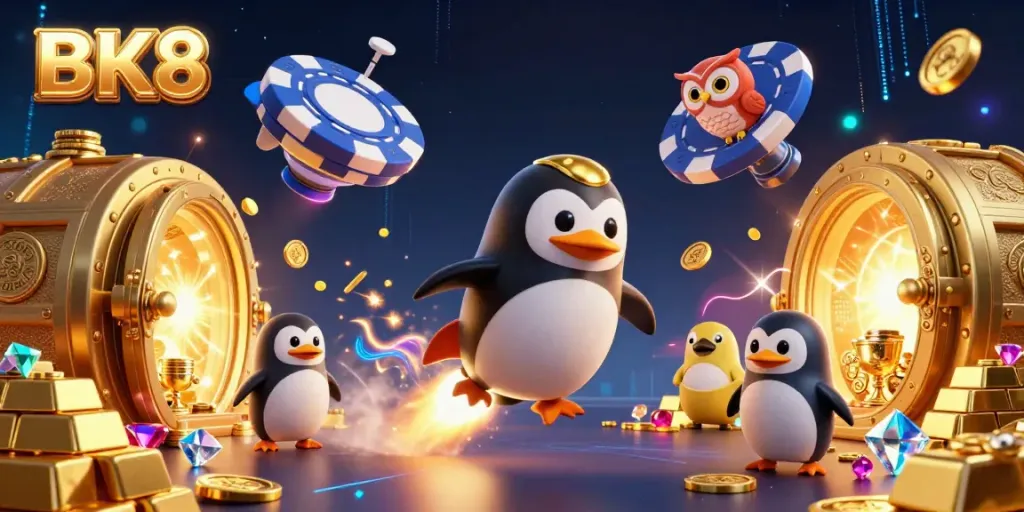 Experience thrilling gameplay at BK8 with a golden penguin racing towards a casino in space.