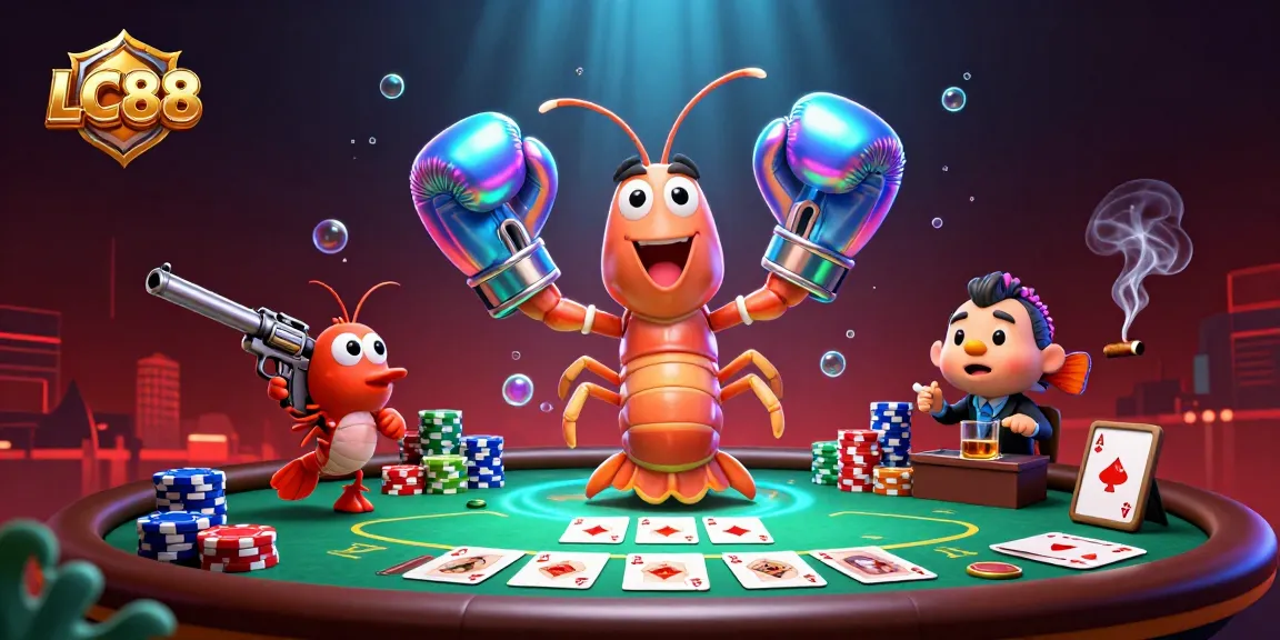 Engage in thrilling poker action at LC88 with vibrant shrimp characters amidst dynamic casino elements.