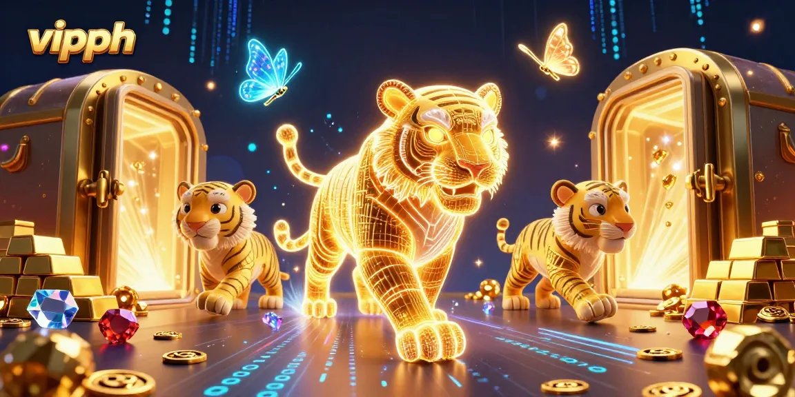 Engage in vipph with a 3D neon tiger amid treasures and holographic butterflies in a vibrant casino