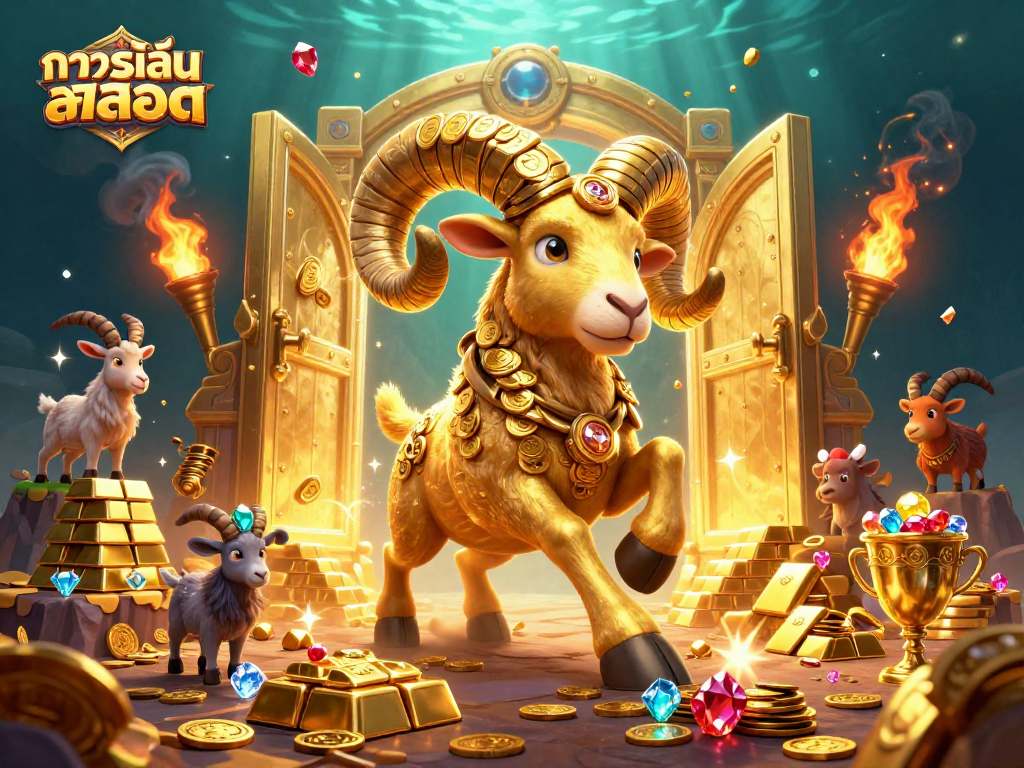 Try out ทดลองเล่นสล็อต with a massive golden ram charging through a golden vault bursting with treasure.