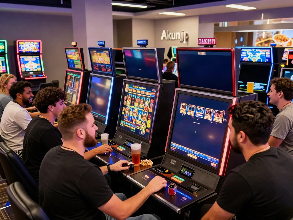 Friends enjoying dynamic online slots gameplay at a modern gaming lounge featuring akunjp on vibrant screens.