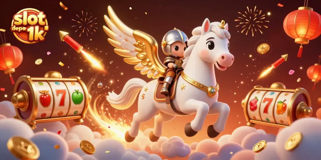 Experience the thrill of slot deposit 1k with dynamic symbols and characters in a captivating casino scene.