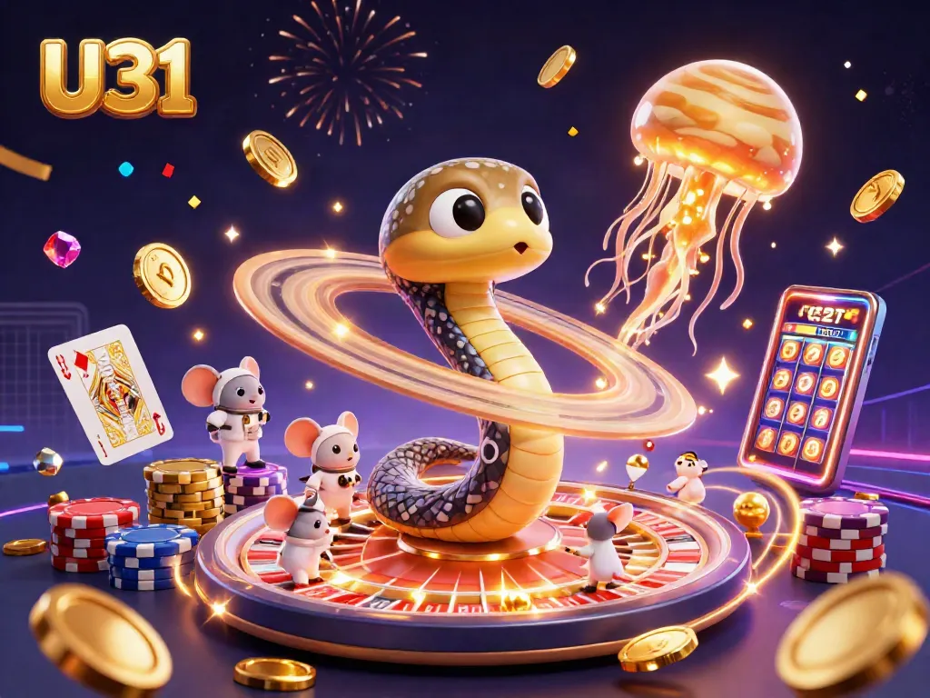 Experience U31's thrilling gambling atmosphere with a whimsical cosmic casino scene.